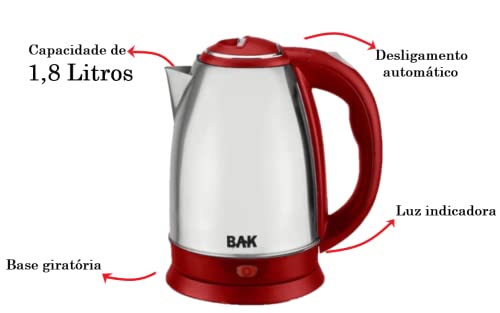 Chaleira Elétrica Com Base Removível Jarra Bule Inox 127V 1.8L (Vermelho)