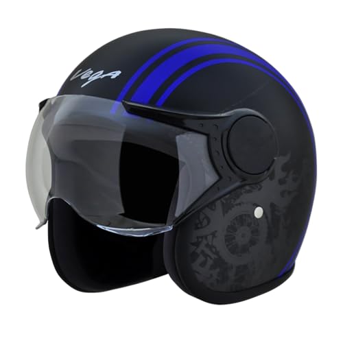 Vega Jet Old School ISI DOT Certified Gloss Finish Open Face Helmet for Men and Women with Clear Visor(Black Blue, Size:L)