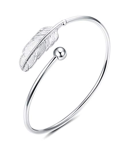 CASSIECA 925 Sterling Silver Bracelet Leaf for Women Girls Adjustable Open Bangle Bracelet Feather with Gift Box, Jewelry Gift for Valentine's Day