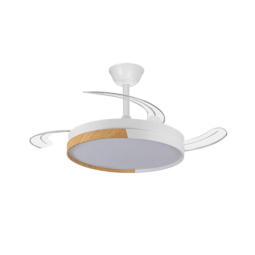 Ventilador de techo retráctil ecoro blanco y madera | Lampara ventilador de techo con mando y luz led 45W 4400Lm dimable