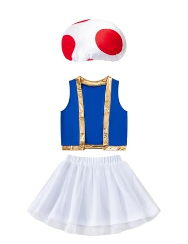 InBakjade Baby Girl Mushroom Hat Halloween Costume Blue Vest Outfits Skirt Set(5-6Years)