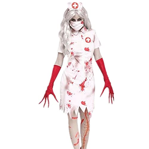 Vestidos Halloween Mujer Disfraz Enfermera Halloween Mujer Con Gorro Guantes Y Mascarilla Ensangrentado Terror Vestido Con Dobladillo Irregular Cosplay Enfermera Zombie Vampiro Traje Carnaval