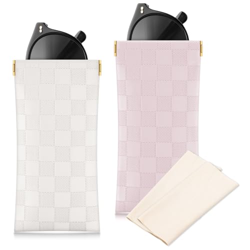 Image of Sightor Sunglasses Case, 2 Pcs Soft Eyeglass Cases Checkered Sunglass Case Portable Squeeze Top Leather Glasses Pouch
