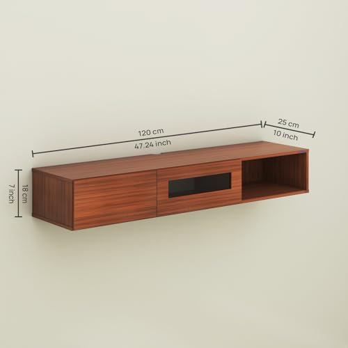 Image of Anikaa Strix Wall Mount Modern Floating TV Unit for Living Room with 3 Storage Cabinet & Blue LED Light (Ideal for 32 to 55 inch TV, DIY Installation, Walnut Finish)