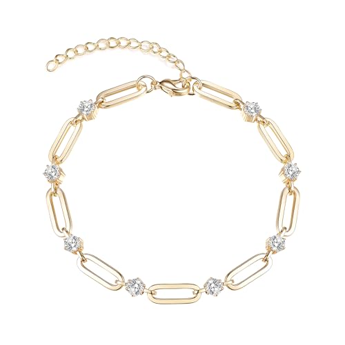 Paperclip Bracelet for Women Couple Bracelets with CZ Chain Strand Jewelry Gift for Girls