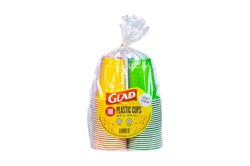 Glad Plastic Cups Fun Pack in 4 Colors - Pink Green Blue & Yellow Sturdy Party Cups in Bright Colors - Ideal for Everyday Use or Special Occasions 16 Oz 100 Count