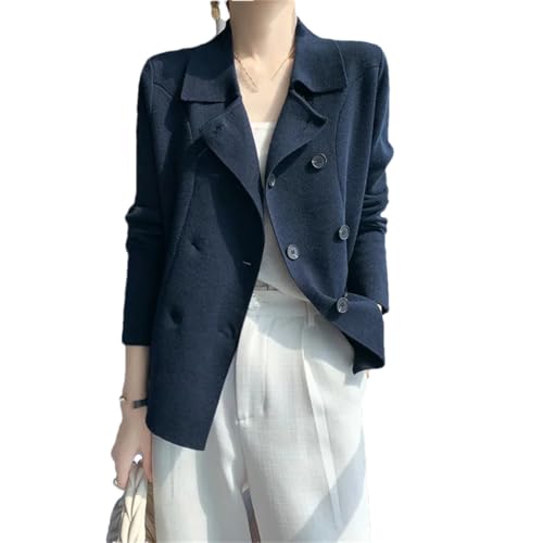 Image of Women Merino Wool Double Breasted Suit Jacket Thick Knit Winter Warm Sweater Cardigan Coat Navy Blue