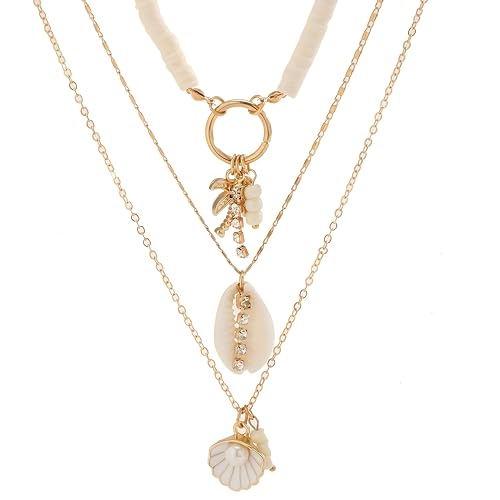 Collar bohemio de cuentas de disco blanco y palmera dorada en eslabones
