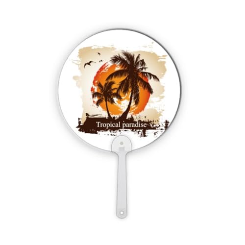 Éventail à main rond en plastique avec illustration de cocotier de plage