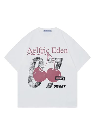 Aelfric Eden Cherry Print Tee Oversized Graphic Tees Short Sleeve Crewneck Shirts Y2K Vintage Unisex Streetwear