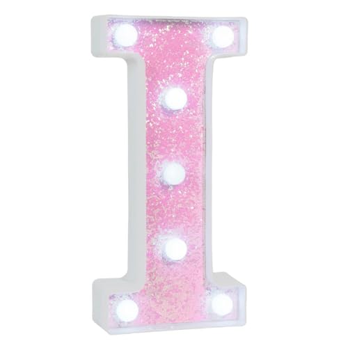 Image of Pink Glitter Marquee Light Up Letters, Battery Operated LED Letter Lights Signs for Pink Birthday Party Table Decorations, Wall Decor for Girls Bedroom, Initial Letter I with Cool White Lights