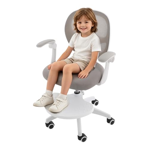 Silla de escritorio para niños, silla de aprendizaje ergonómica con reposabrazos plegables, silla de ordenador infantil giratoria con ajuste de altura y reposapiés para niños de 5 a 12 años