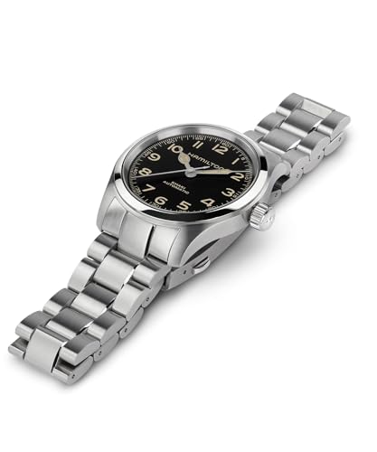 Image of Hamilton Khaki Field Murph Automatic Men's Watch, 38mm Stainless Steel Case, Swiss Made, Black Dial Analog Wrist Watch, 100m Waterproof, Sapphire Crystal, 3-Hand Movement, Stainless Steel Strap