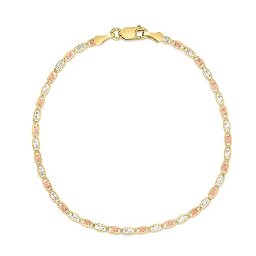 Floreo 10k Tri-Color Gold 2mm Valentino Link Chain Bracelet or Anklet