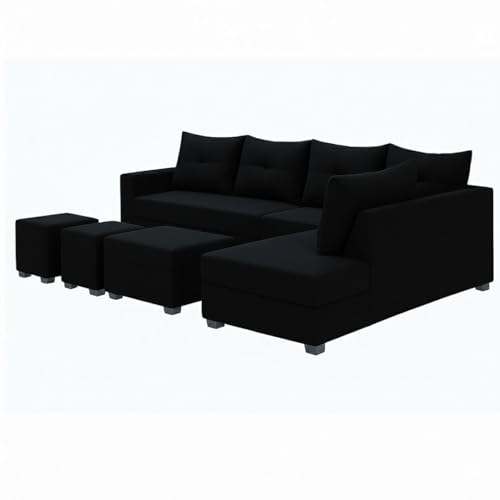 Image of SOCOZI Oriana 8 Seater RHS L Shape Sofa Set | Velvet Suede Fabric L Shape Sofa for Livingroom with 2 Ottoman & Centre Table (Black)