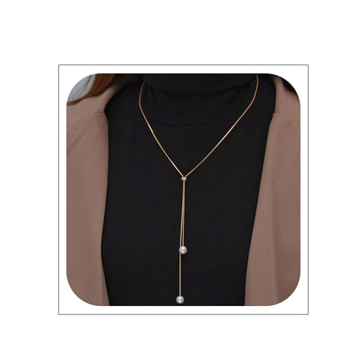 Long Pearl Lariat Necklaces Single Pearl Drop Y Necklace Dainty Pearl Pendant Sliding Necklace Adjustable Round Snake Chain Y Necklace Jewelry for Women Girls