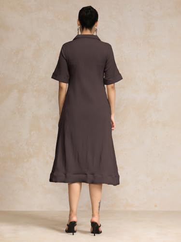 Image of Varanga Women Beige A -line Calf Length Dress Featuring Classic Shirt Collar and Short Sleeves which offering Comfort and Ease