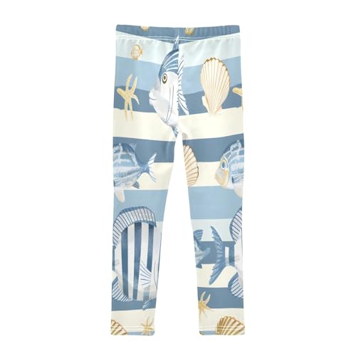 Toddler Girls Leggings Printed Yoga Pants Leggings Fish Shells Illustrations Light Blue and White Striped Background for Kids2