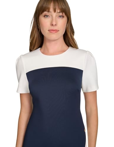 Image of Tommy Hilfiger Women's Short Sleeve Jewel Neck Colorblock Studded Asymmetrical Hem Crepe Mini Dress