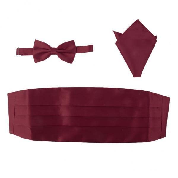 2x3pcs Men's Satin Bow Tie Cummerbund Hanky Handkerchief Wine Red