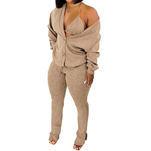 Conjuntos 3 Piezas Sexys para Mujer, Cárdigan Punto Manga Larga con Botones En La Parte Delantera, Sujetador Conjuntos Pantalones con Dobladillo Dividido,Caqui,L Cover