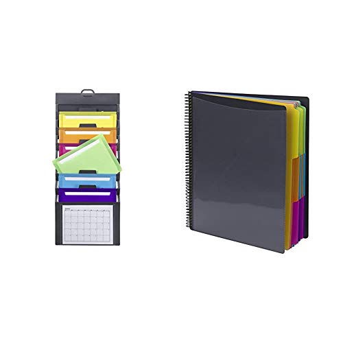 Smead Cascading Wall Organizer, 6 Pockets, Letter Size, Gray/Bright (92060) & 24 Pocket Poly Project Organizer, Letter Size, 1/3-Cut tab, Gray with Bright Colors (89206)
