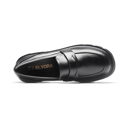 Image of Black Penny Loafers for Women - Women's Slip-On Platform Patent Leather Loafers, Chunky Comfort Shoes for Work & Dressy Occasions