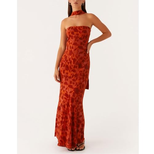 Image of Women Strapless Floral Dress with Sarf Mesh Tube Maxi Dress Summer Cocktail Wedding Guest