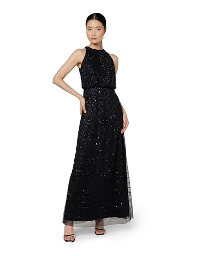 Adrianna Papell Damen Neckholder Art Deco Perlen Blousonkleid, Schwarz/Schwarz, 34