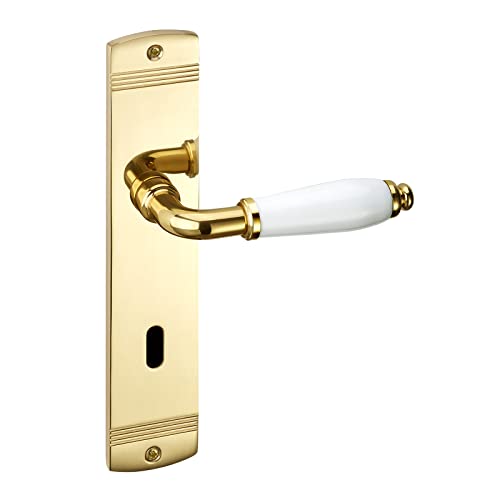 1 Juego de manillas MATTEO de latón pulido Manilla de porcelana blanca brillante (BB) Herraje de puerta sobre placa larga Manilla Vintage con material de fijación de Sotech