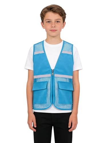 JEATHA Chaleco De Seguridad Niños De Malla Transpirable Chaleco Reflectante De Alta Visibilidad Ropa De Actividades De Voluntariado Cielo azul 7-8 años
