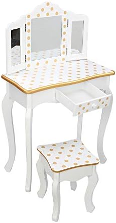 Kids Vanity Set, Makeup Dressing Vanity Set Wooden Princess Makeup Table with Cushioned Stool,Drawer,Wooden Legs and Mirror, Make Up Dressing Play Set for Girls's Best Gift (Yellow dots)