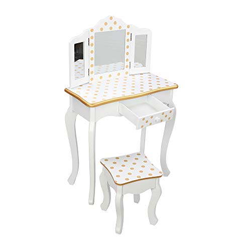 Image of Vanity Set,ShyneeMakeup Dressing Vanity Set Wooden Princess Makeup Table with Cushioned Stool,Drawer,Wooden Legs and Mirror, Make Up Dressing Play Set for Girls (Yellow dots)