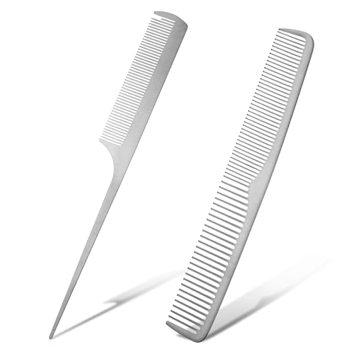 Juego de 2 peines de metal plateado y acero inoxidable, peine de cola de rata, peine profesional de peluquero, peine antiestático, dientes finos, peine de corte, peines de peinado para hombres y