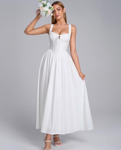 Image of GLNEGE Womens Corset Midi Dress Spring Wedding Guest A-line Flowy Dresses Lace Up Summer Tea Party Long Sundress for 2026