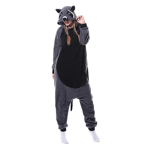 HANZEJINL Adult Animal Onesie Raccoon Animal Halloween Costume Unisex Jumpsuit One Piece Pajamas for Women and Men (RaccoonOnesie M)