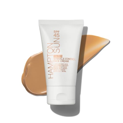 Hampton Sun SPF 45 Tinted Wrinkle Control Face Cream. Daily Moisturizer + Sunscreen. Light Blendable Coverage. Dewy Glowy Finish. Hyaluronic Acid + Organic Cucumber Extract Plumps + Brightens