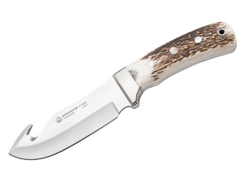 PUMA IP – Schwarzwild Stag - Full-Tang Jagdmesser mit Skinner-Klinge & Aufbrechhaken - 120mm Klinge aus 440C Stahl (57-60 HRC) - Griffschalen aus echtem Hirschhorn - mit Lederscheide (Art.Nr.: 810055)