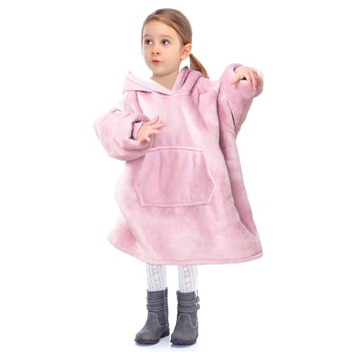 Markdang Wearable Blanket Hoodie for Kids Comfy Pink Sherpa Hooded Oversize Sweatshirt Blanket for Girls (Kids 2-6 Year?60cm?)