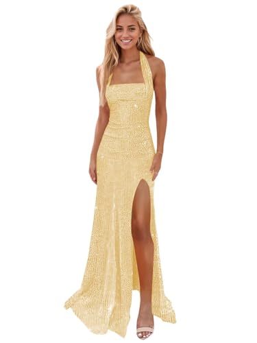 Sparkling Sequin Halter Prom Dresses for Teens 2025 Long Mermaid Evening Dress for Women Formal Gown with Slit