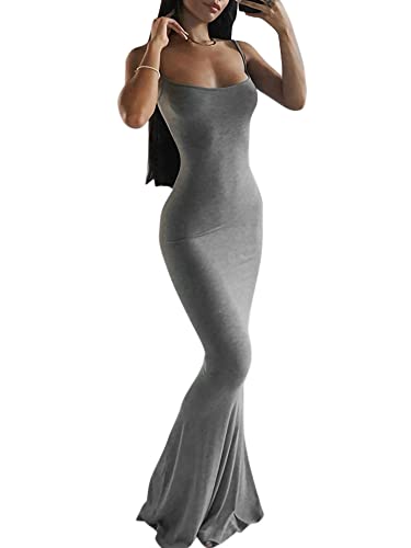 Edhomenn Womens Sexy Fish Tail Bodycon Maxi Dress Sleeveless Spaghetti Strap Long Dress Summer Solid Slim Fit Y2K Dress (A-Grey, M)