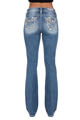 Miss Me Women's Mid Rise Spring Flowers Bootcut Jeans with Faux Flap Pockets
