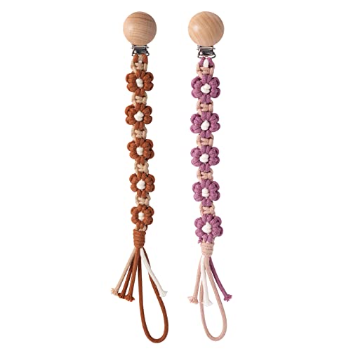 Image of Symbolife Pacifier Clip for Boys Girls Floral Daisy Macrame Paci Clip Pacifier Holder Leash Boho Wooden Clips Handmade Braided Cotton Unisex Baby Shower Birthday Gift