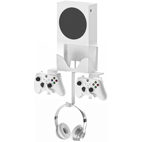 Hosanwell XBOX Series S Wall Mount Bracket 4 in 1 Bundle Set, Dual Controller Holder & Headphone Hanger, Heat Dissipation, Comes with Non-Slip Mat, Cable Charging Notch, Easy Installation Cover