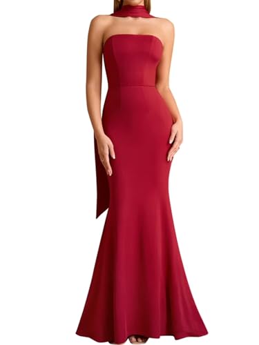 Image of Auraxe 2026 Women's Bodycon Formal Maxi Dresses Elegant Tube Summer Wedding Guest Cocktail Party Dress with Scarf