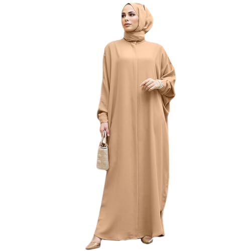 AWIBMK Abayas for Women Abaya Full Cover Dubai Turkey Kaftan Henley Shirt Prayer Dress Muslim Batwing Sleeve Arabian Robe Ramadan Maxi Dresses Modest Islamic Casual Clothes Outfit Khaki One Size