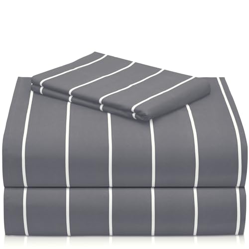 Image of LuxClub Striped Sheets, 3 PC Striped Bed Sheets Twin Size for-Boys-and-Girls-Deep Pockets 18 inch Eco Friendly Wrinkle Free-Kids-Fitted Sheets Machine Washable Hotel Bedding (Twin, Light Grey)
