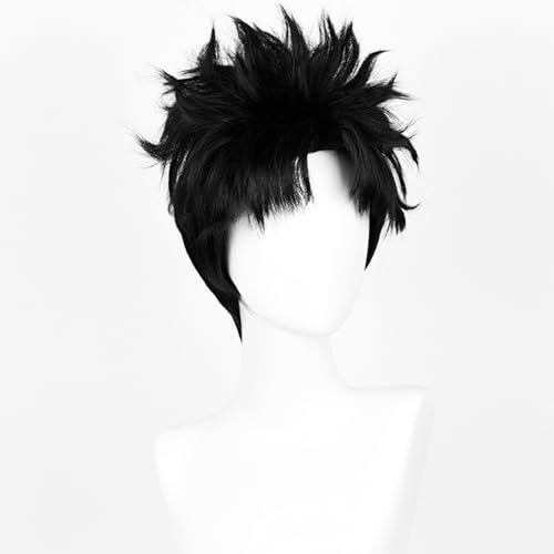 Image of Half and Half O-karun Cosplay Wig for Men Short Black Anime Male Curly Wig with Bangs Layers Black Costume Wigs for Unisex Women Halloween Party