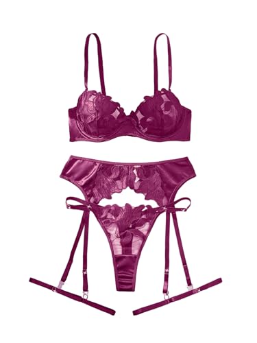 Image of Lilosy Sexy Leaf Floral Embroidered Mesh Sheer Women Underwire Push Up Lingerie Set