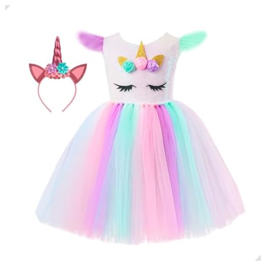 Fantasia Infantil Unicórnio com Tiara Mágica – Vestido Colorido Tule Arco-Íris para Meninas, Carnaval, Festa, Aniversário, Cosplay e Dia das Crianças de 3 a 10 anos (M (04 a 06 anos))
